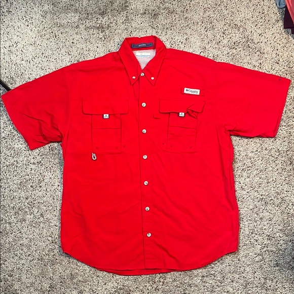 Columbia Men Bahama Red Short Sleeve Button Up Fishing Shirt Size Small‎ - Picture 1 of 6